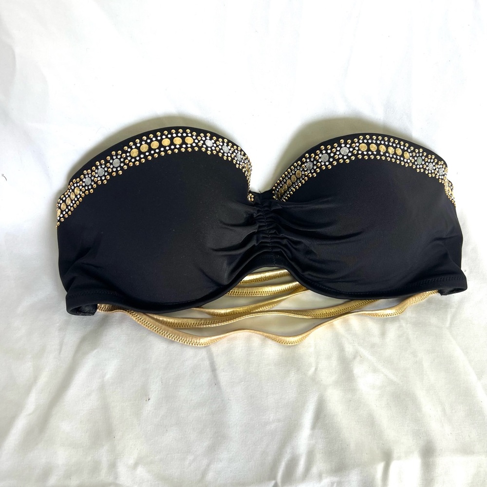 Victorias Secret Strapless Bikini Top Solid Black Embellished Gold Stones 34D